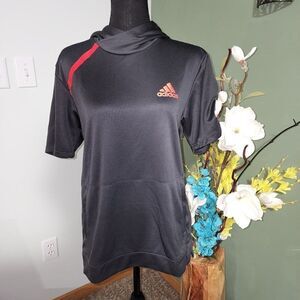 Adidas Uni Sex Short Sleeve Hoodie Grey Red Lightweight Activewear Athletic